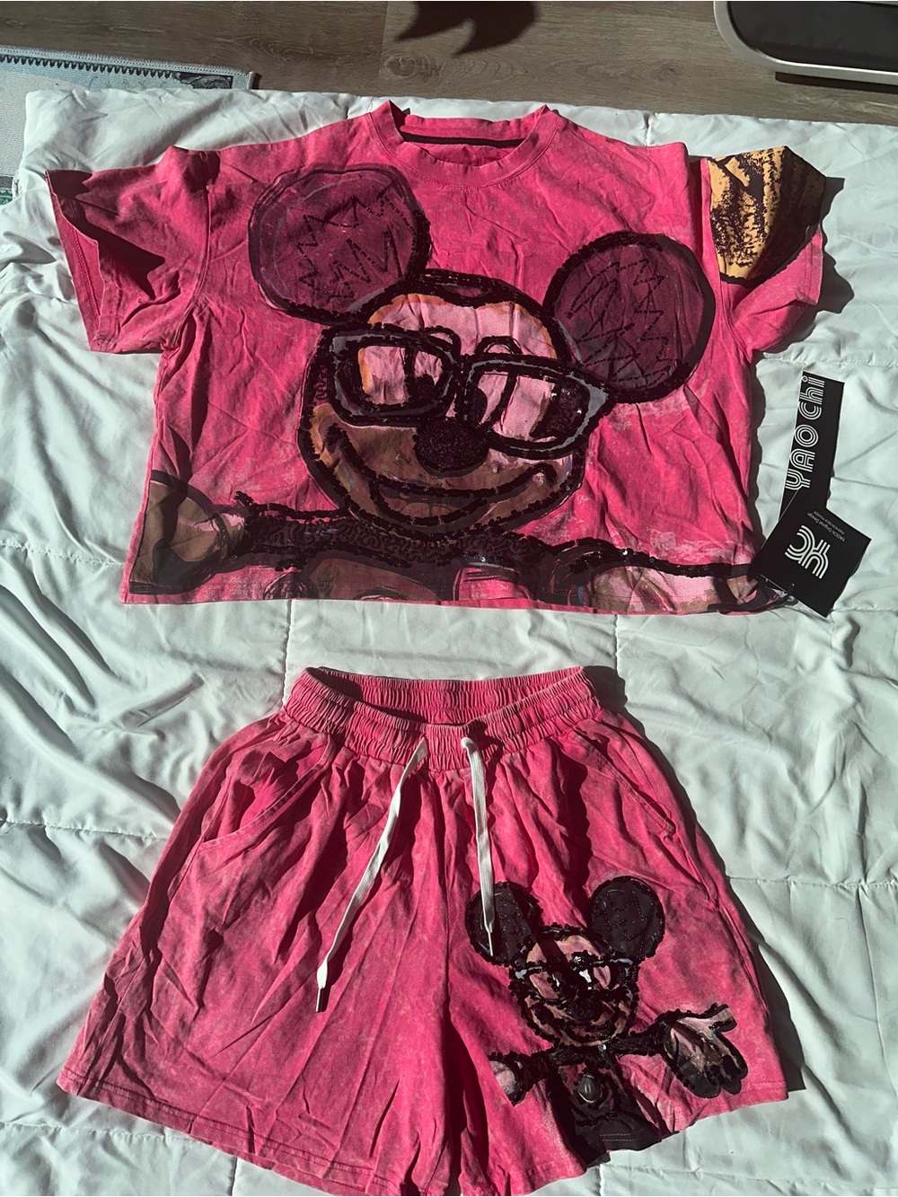 Pink Graphic Crop Tee & Drawstring Track Shorts Set